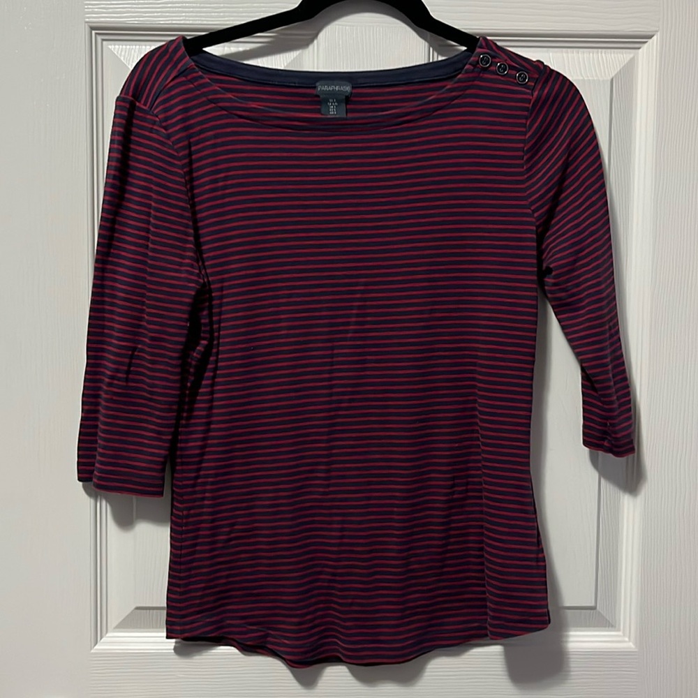 Women's 3/4 Sleeve Shirt Striped Magenta Navy Blue Cute Buttons Paraphrase Large